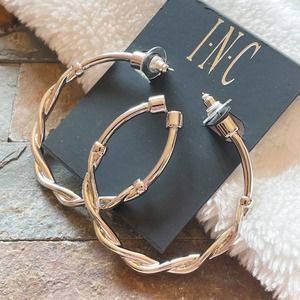 INC Twisted 2" Open Hoop Earrings Polished Silver Tone New NWT